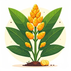 Vibrant illustration of a flowering plant with large, bright yellow flower clusters and large green leaves.  A section of soil and a sliced fruit are below the plant