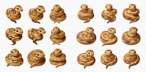 Fifteen cartoon snakes with brown and beige patterns are coiled and posed against a transparent background.