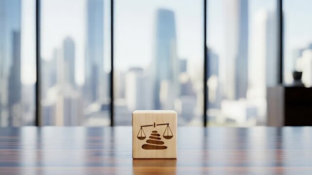 Justice Symbol on Wooden Block with Cityscape Backdrop