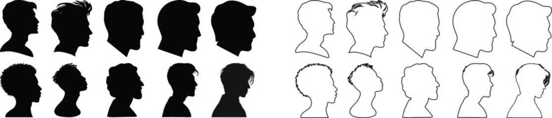 User profile icon set. Profile, people silhouette, person, avatar, sign up button vector collection.Black silhouette avatar collection of men heads, profile icons, human face outline, vector design