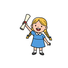 Cartoon girl with blonde braids holding a diploma scroll smiling happily.