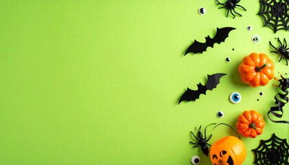 Halloween decorations arranged as a spooky frame on bright neon green background with copy space in the center. Features pumpkin bucket, skull, bats, spiders, webs, toy insects, and candy eyeballs.