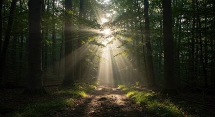 Fototapeta premium Sunbeams pierce dense forest canopy illuminating a winding path, creating a magical, ethereal atmosphere for adventure and nature exploration