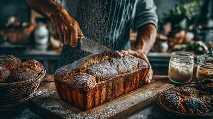 Slicing Freshly Baked Bread - A Culinary Moment of Rustic Charm.