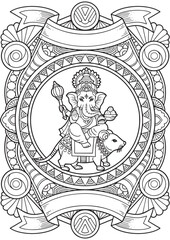 Intricate Line Art of Lord Ganesha with Sacred Symbols, Intricate Mandala Line Art for Coloring