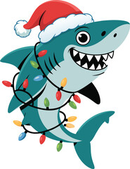 Christmas Shark with Santa Hat and Holiday Lights in white background