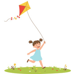 Girl running with a yellow and red diamond kite smiling with pigtails.