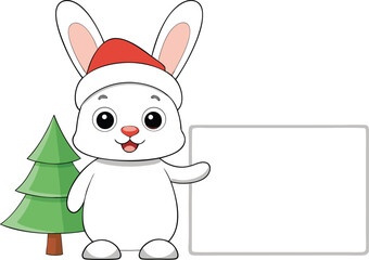Cute Christmas Bunny Holding Blank Sign with Santa Hat