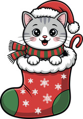 Cute Christmas Cat in Stocking with Santa Hat