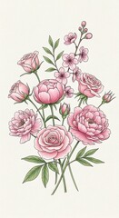 Beautiful Pink Floral Bouquet Illustration.