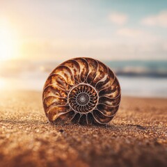 Spiral shell on beach sand sunrise
