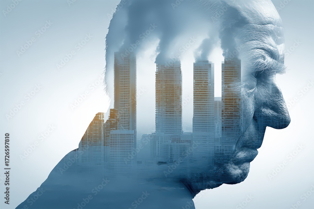 Poster contemplative silhouette of a man merging with a metropolitan skyline captures the essence of urban 