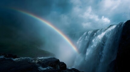 A vibrant rainbow arcs across the misty sky above a powerful cascading waterfall set against dark rugged rocks and lush green hills