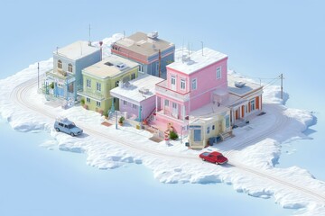 A picturesque winter scene showcasing a vibrant collection of colorful houses surrounded by snow with a serene icy backdrop reflecting architectural diversity and seasonal charm