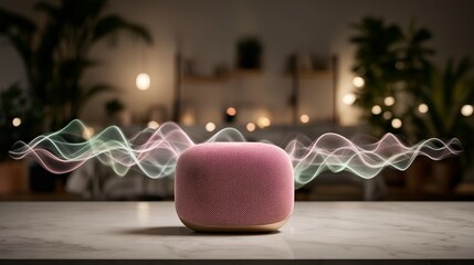 Pink Smart Speaker Emitting Sound Waves in a Cozy Living Room.