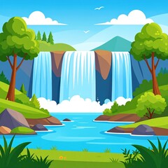 Lush landscape with a cascading waterfall