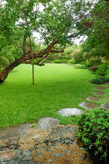Winding path through a green grass field in hilly area against blue sky with clouds,Pathway s curve in public park.