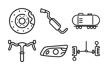 bike Parts Line Icons Set | Brake Disc, Exhaust, Fuel Tank, Handlebar, Headlight, Suspension Vector