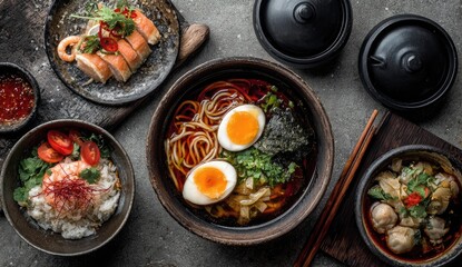 Asian cuisine dishes, ramen, rice, dumplings