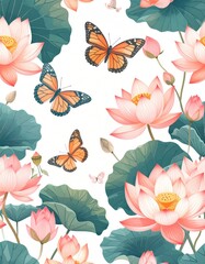 Delicate lotus flowers and butterflies on a white background