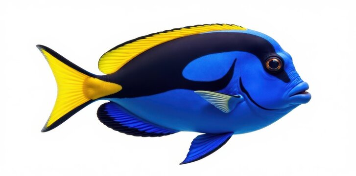 Vibrant blue and yellow tang fish with distinct black stripes, isolated on pure white background , graphic, fins