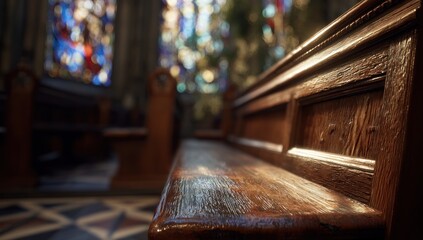 Ornate wooden pew in a dimly lit church interior, with a close-up focus on the rich grain and details of the pew's surface, showcasing the craftsmanship and history of the architecture.