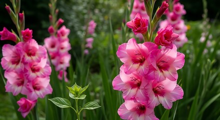 Beautiful Pink Gladiolus Flowers in Garden.
