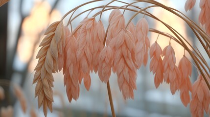 Close up of delicate pink ornamental grass seed heads swaying gently.