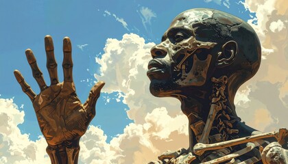 A figure with exposed skeletal structure,  reaching upward against a cloudy sky