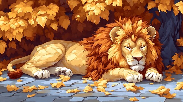 Golden lion resting beneath autumn leaves