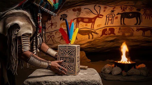 Tribal Ritual: Indigenous Shaman Invoking Spirits with Ancient Cave Paintings