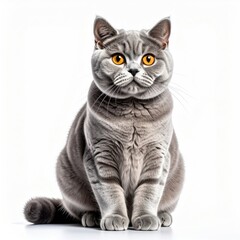 Grey cat sitting, looking directly at viewer