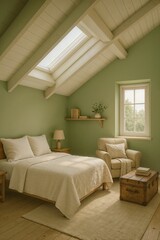 Attic Bedroom with Skylight and Green Walls