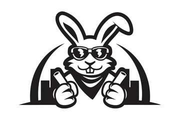 Cool rabbit wearing sunglasses gives thumbs up in a monochrome emblem style