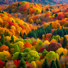 Autumnal forest landscape showcasing vibrant fall foliage. A breathtaking aerial view of a hillside covered in trees displaying an array of autumn colors.