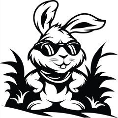 Cool rabbit with sunglasses peeks through grassy foliage in a monochrome black and white art