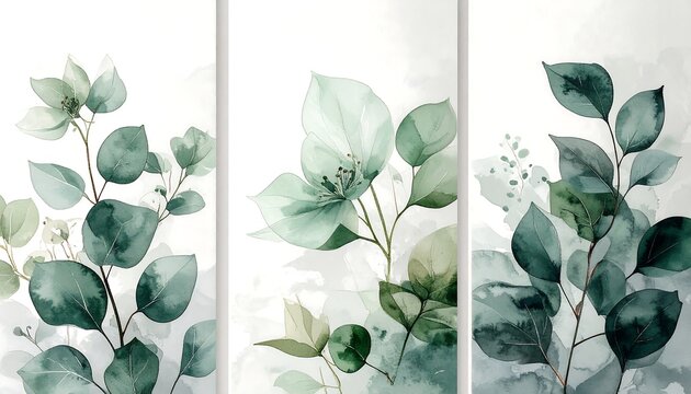 Abstract botanical wall art in three panels.  A soft, watercolor-like style depicts various leafy greens and flowers in a serene design