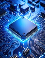 Close-up of a computer circuit board with a central processor chip