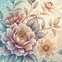 Ornate floral bouquet design with detailed petals and leaves in pastel shades. Intricate pattern with a vintage aesthetic. featuring a variety of blooms and foliage.