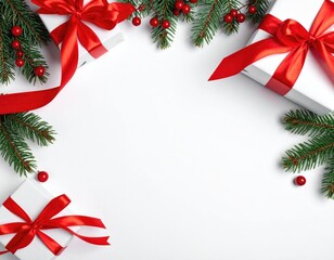 Festive white background framed by Christmas gifts, ribbons, and greenery