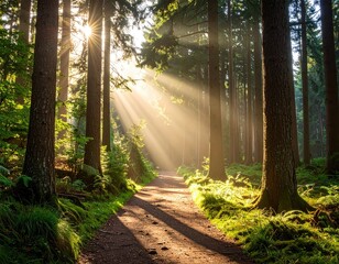 Sunbeams illuminating a forest path