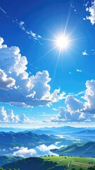 A vibrant landscape panorama of a valley with mountains, a river, lush greenery, and a bright sun