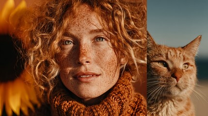 Freckled woman and ginger cat in warm split portrait