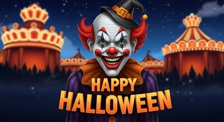 Obraz premium Creepy Clown Halloween Illustration with Circus Tents Background