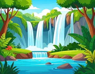 Lush waterfall in a vibrant jungle