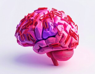 3D model of a brain, covered in red paperclips