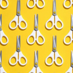 A vibrant yellow background featuring a repeating pattern of white scissors