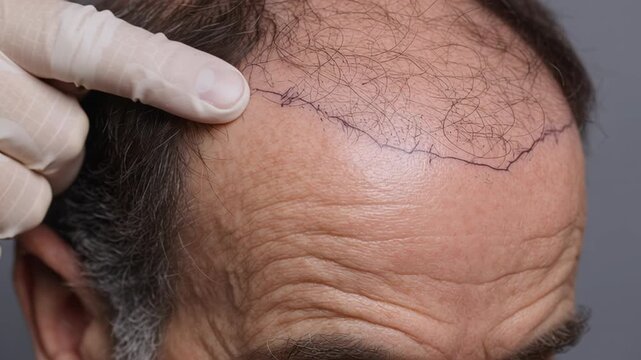 4k video of a hair transplant surgeon plans out the hairline.