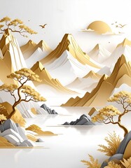 Golden mountain landscape with trees and birds