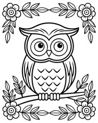 Charming Owl Perched on a Branch Surrounded by Flowers A Delightful Black and White Illustration for Coloring Enthusiasts
